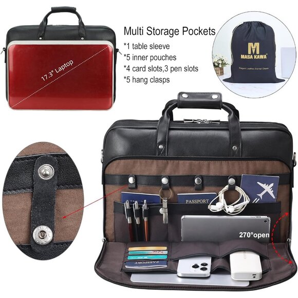 ⚡Men Black Fits 17.3 Inch Laptop Crossbody Bag Attached Leather Briefcase - Picture 3 of 9